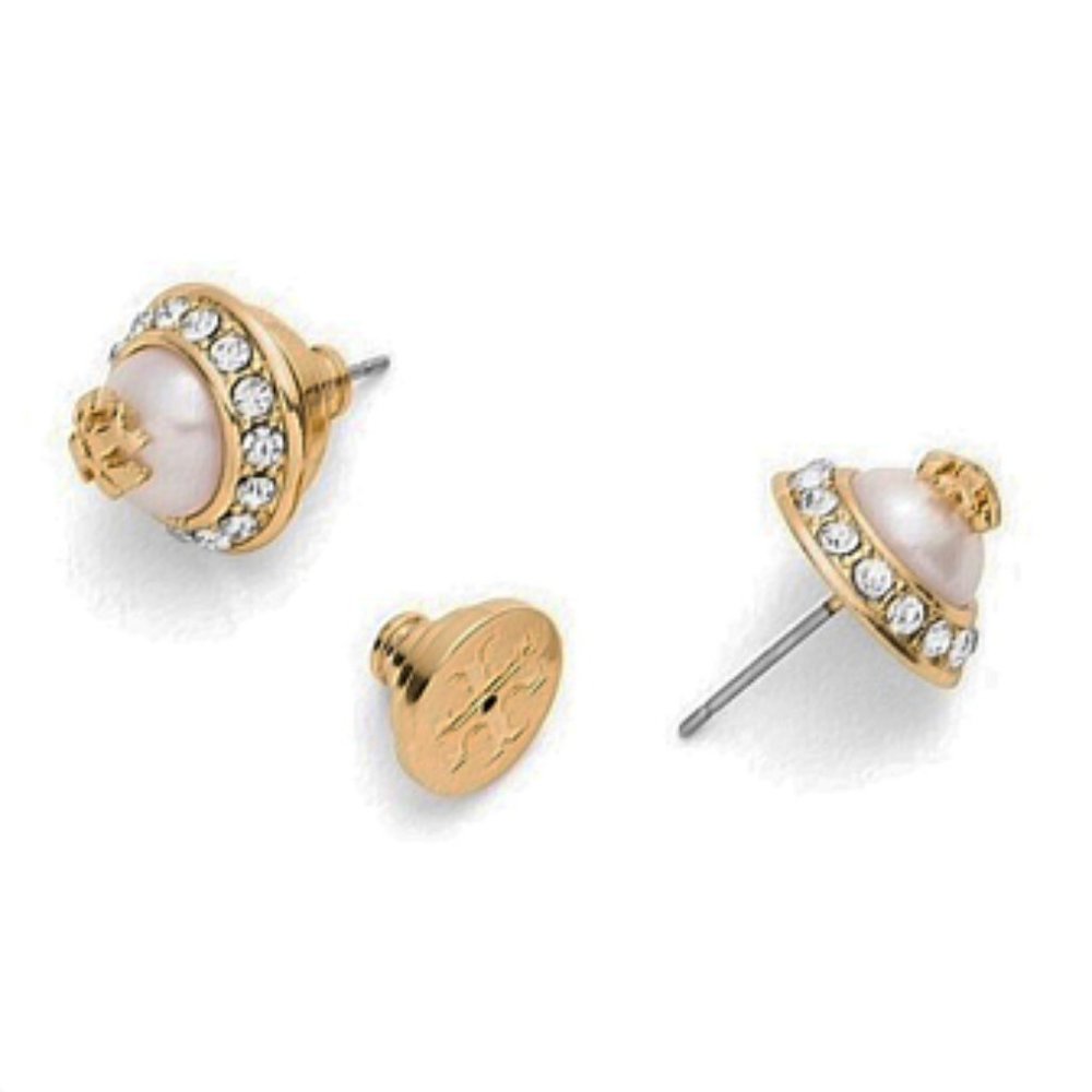 NWT Tory Burch Stud Earrings Natalie Gold White - Picture 3 of 4